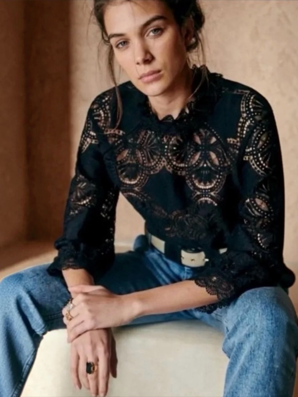 Sezane Bianca 36 S 4 Black Lace Open Work Scalloped Ruffle High Neck